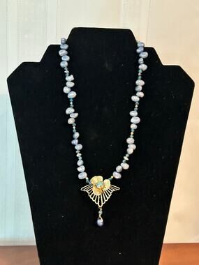 Blue Baroque Pearl Seed Pearl Convertible Necklace Bracelet 16 Inch Gold Tone